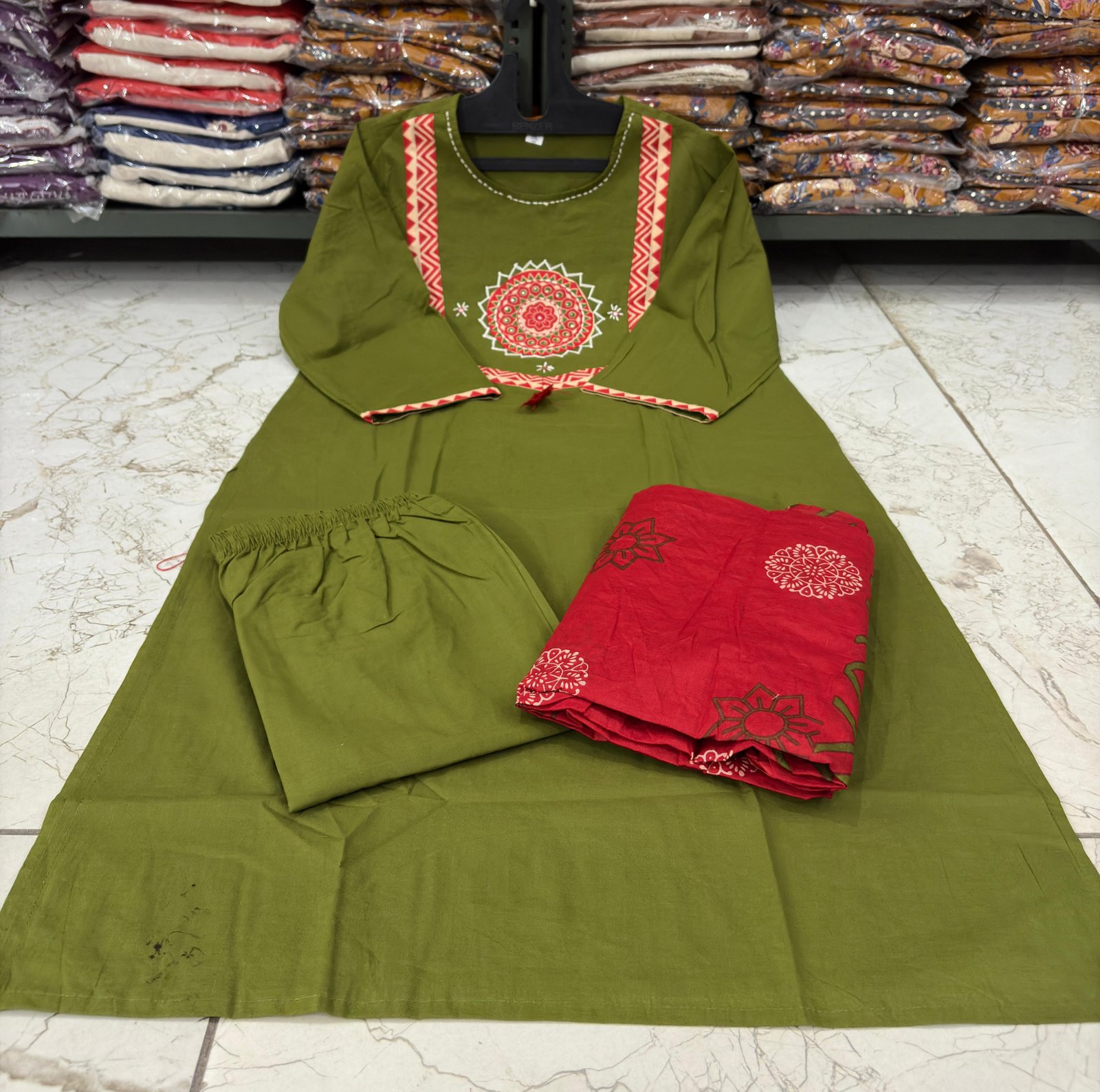 Green Handwork Cotton Suit Set